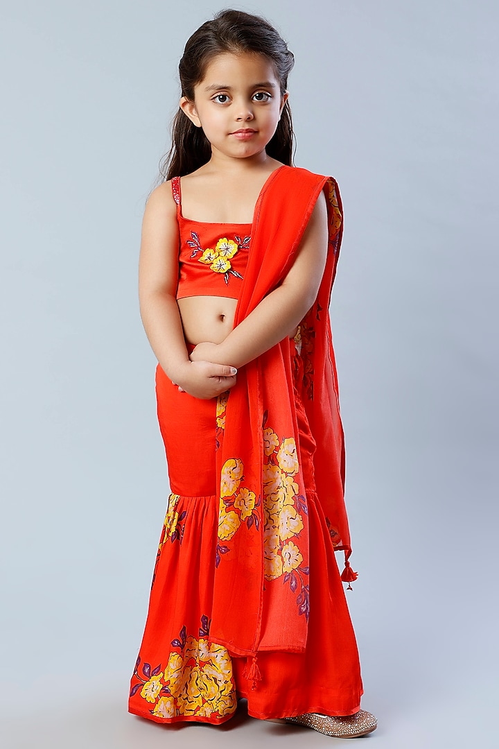 Red Embroidered Lehenga Set For Girls by Adah Kidswear