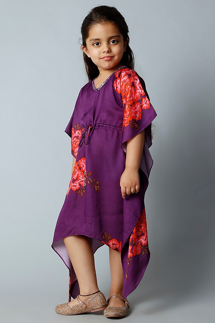 Midnight Purple Embroidered Kaftan For Girls by Adah Kidswear