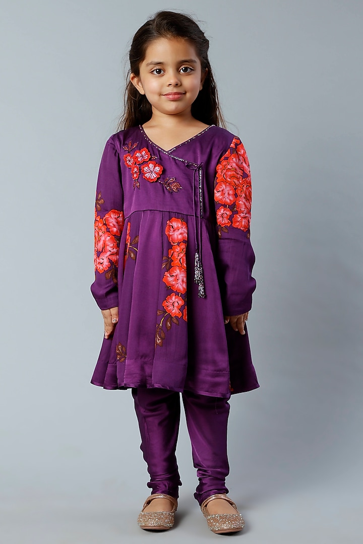 Midnight Purple Embroidered Anarkali Set For Girls by Adah Kidswear