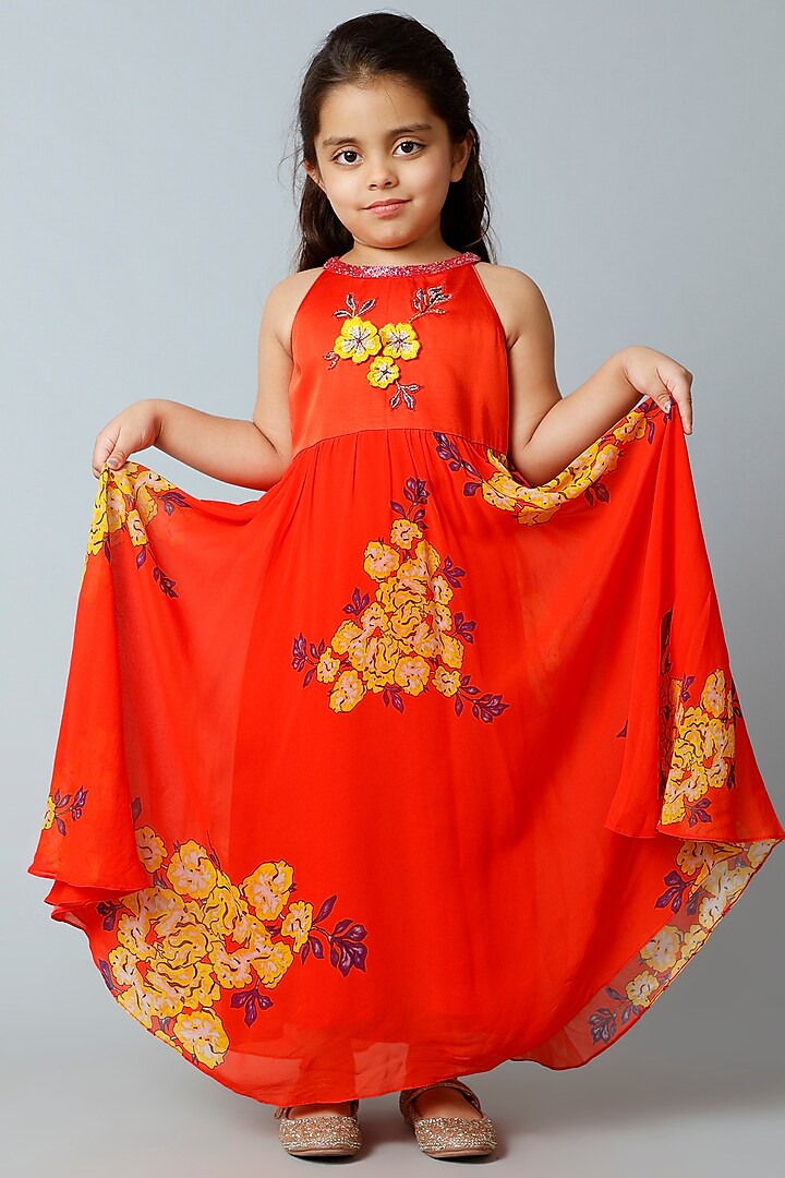Red Floral Printed Dress For Girls by Adah Kidswear