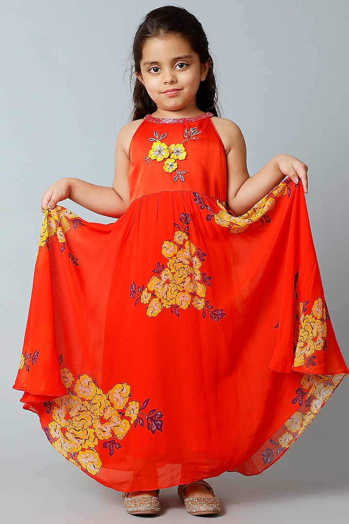 Red Floral Printed Dress For Girls by Adah Kidswear