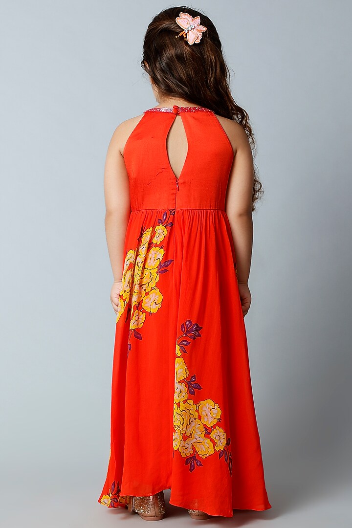 Red Floral Printed Dress For Girls by Adah Kidswear at Pernia's Pop Up Shop