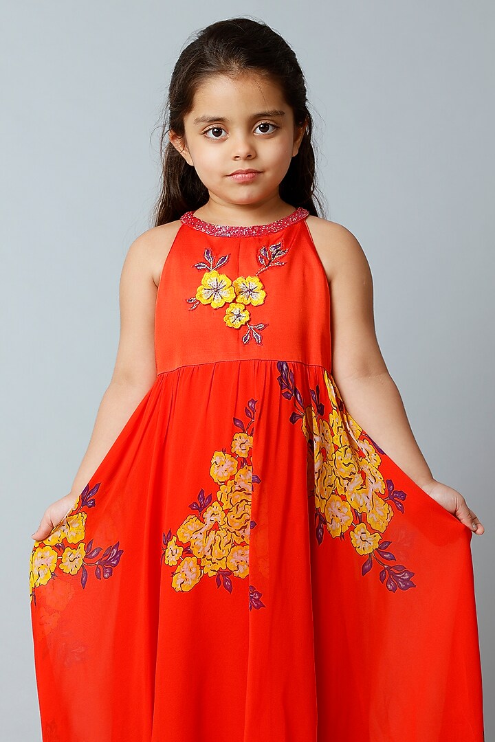 Red Floral Printed Dress For Girls by Adah Kidswear at Pernia's Pop Up Shop
