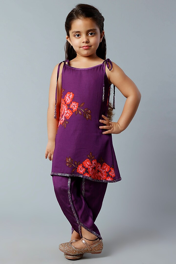 Midnight Purple Printed Dhoti Set For Girls by Adah Kidswear