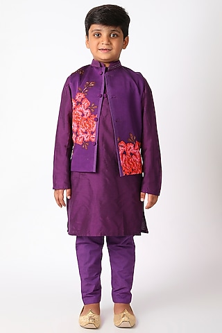 Purple Printed Kurta Set With Bundi Jacket For Boys by Adah Kidswear