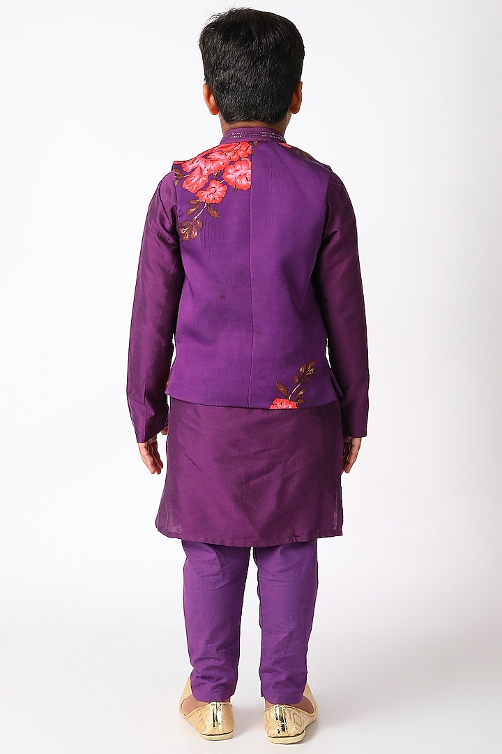 Purple Printed Kurta Set With Bundi Jacket For Boys by Adah Kidswear at Pernia's Pop Up Shop