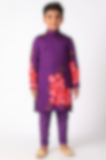 Purple Printed Kurta Set For Boys by Adah Kidswear