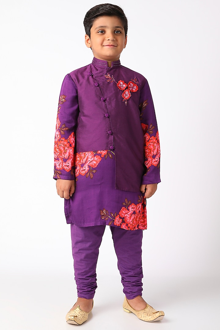 Purple Embroidered Kurta Set For Boys by Adah Kidswear