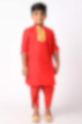 Scarlet Red Cotton Silk Kurta Set For Boys by Adah Kidswear