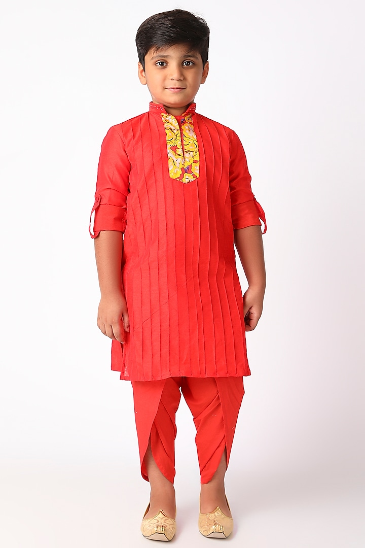 Scarlet Red Cotton Silk Kurta Set For Boys by Adah Kidswear