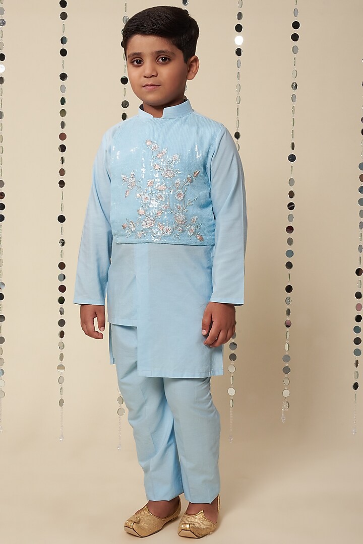 Powder Blue Embroidered Kurta Set For Boys by Adah Kidswear