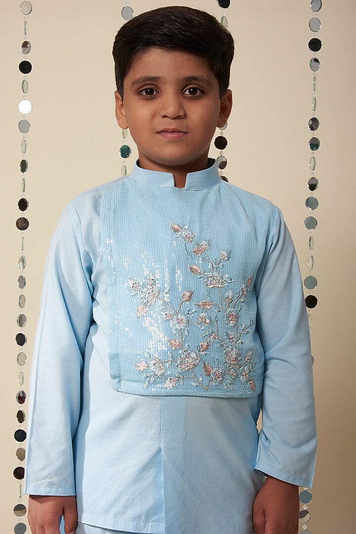 Powder Blue Embroidered Kurta Set For Boys by Adah Kidswear at Pernia's Pop Up Shop