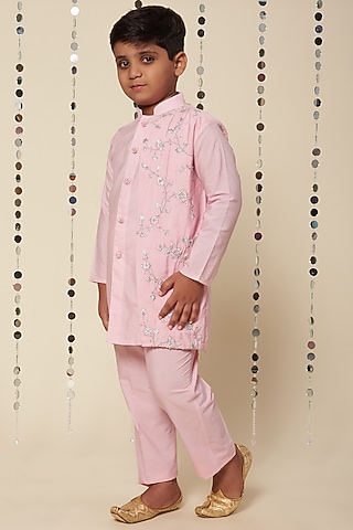 Light Pink Embroidered Kurta Set For Boys by Adah Kidswear