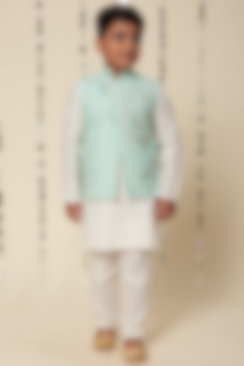 Mint Green Embroidered Bundi Jacket With Kurta Set For Boys by Adah Kidswear