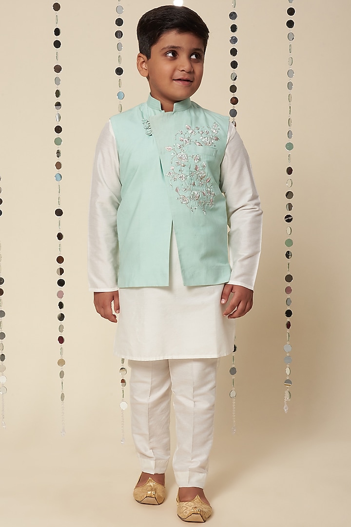 Mint Green Embroidered Bundi Jacket With Kurta Set For Boys by Adah Kidswear