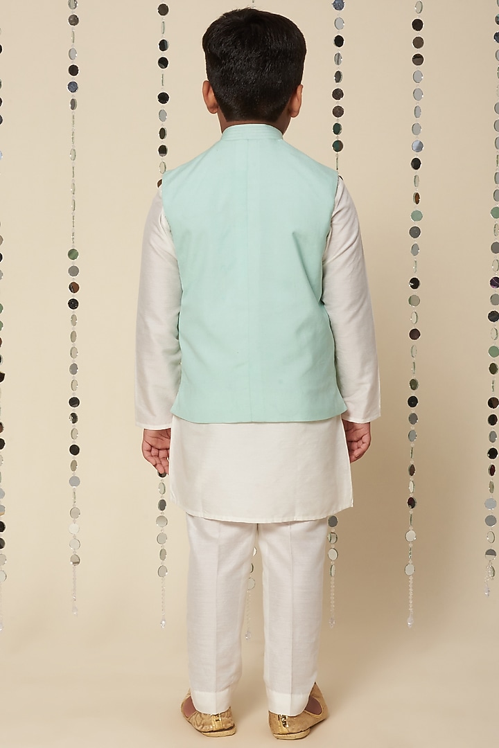 Mint Green Embroidered Bundi Jacket With Kurta Set For Boys by Adah Kidswear at Pernia's Pop Up Shop