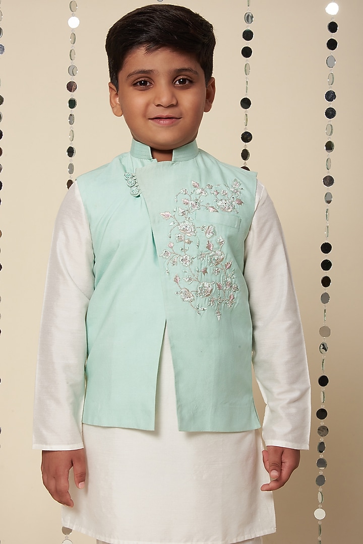 Mint Green Embroidered Bundi Jacket With Kurta Set For Boys by Adah Kidswear at Pernia's Pop Up Shop