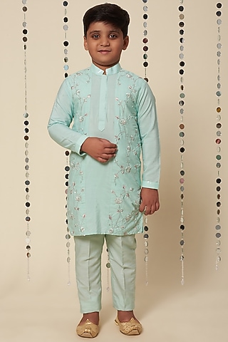 Mint Green Embroidered Kurta Set For Boys by Adah Kidswear