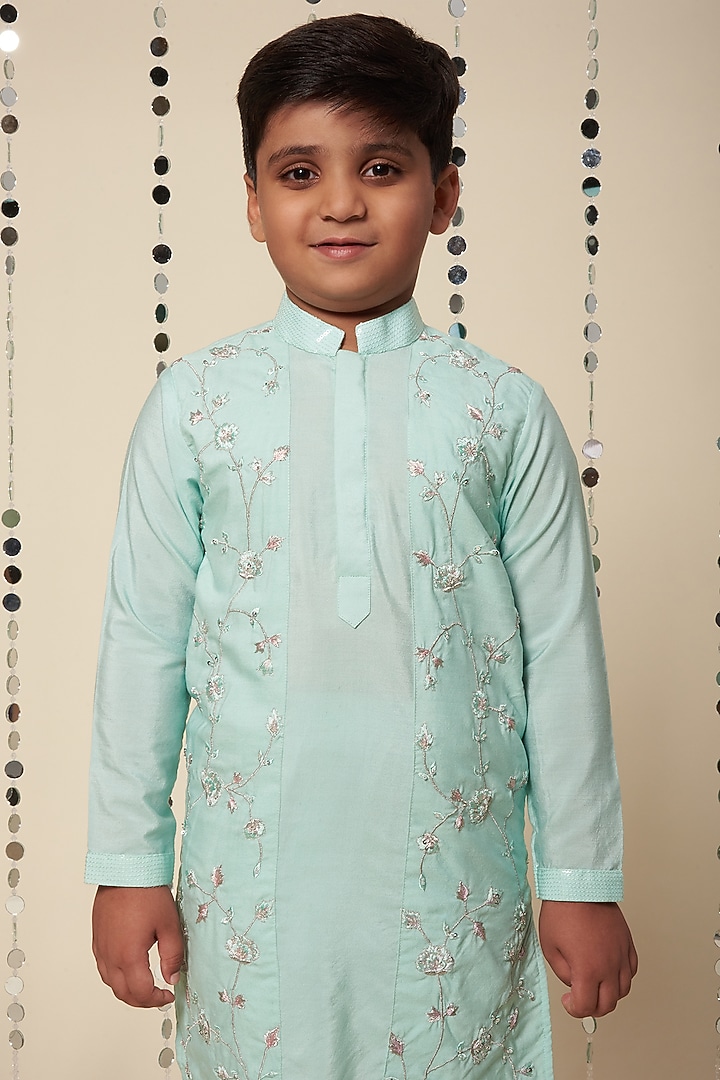 Mint Green Embroidered Kurta Set For Boys by Adah Kidswear at Pernia's Pop Up Shop