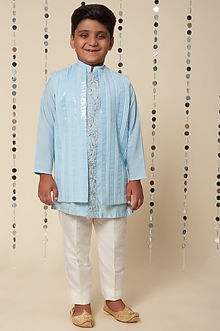 Powder Blue Embroidered Kurta Set With Bundi Jacket For Boys by Adah Kidswear