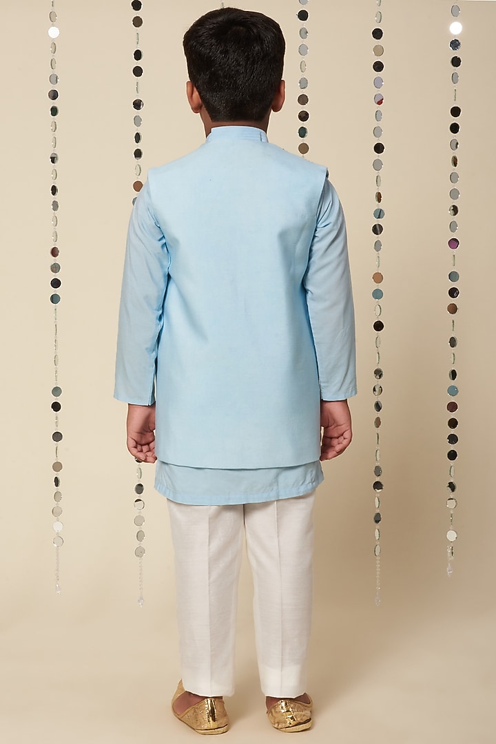 Powder Blue Embroidered Kurta Set With Bundi Jacket For Boys by Adah Kidswear at Pernia's Pop Up Shop