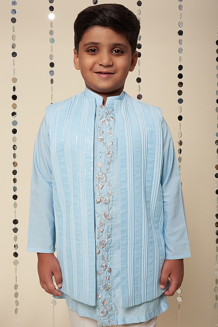 Powder Blue Embroidered Kurta Set With Bundi Jacket For Boys by Adah Kidswear at Pernia's Pop Up Shop