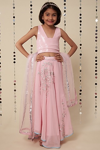 Light Pink Embroidered Lehenga Set For Girls by Adah Kidswear