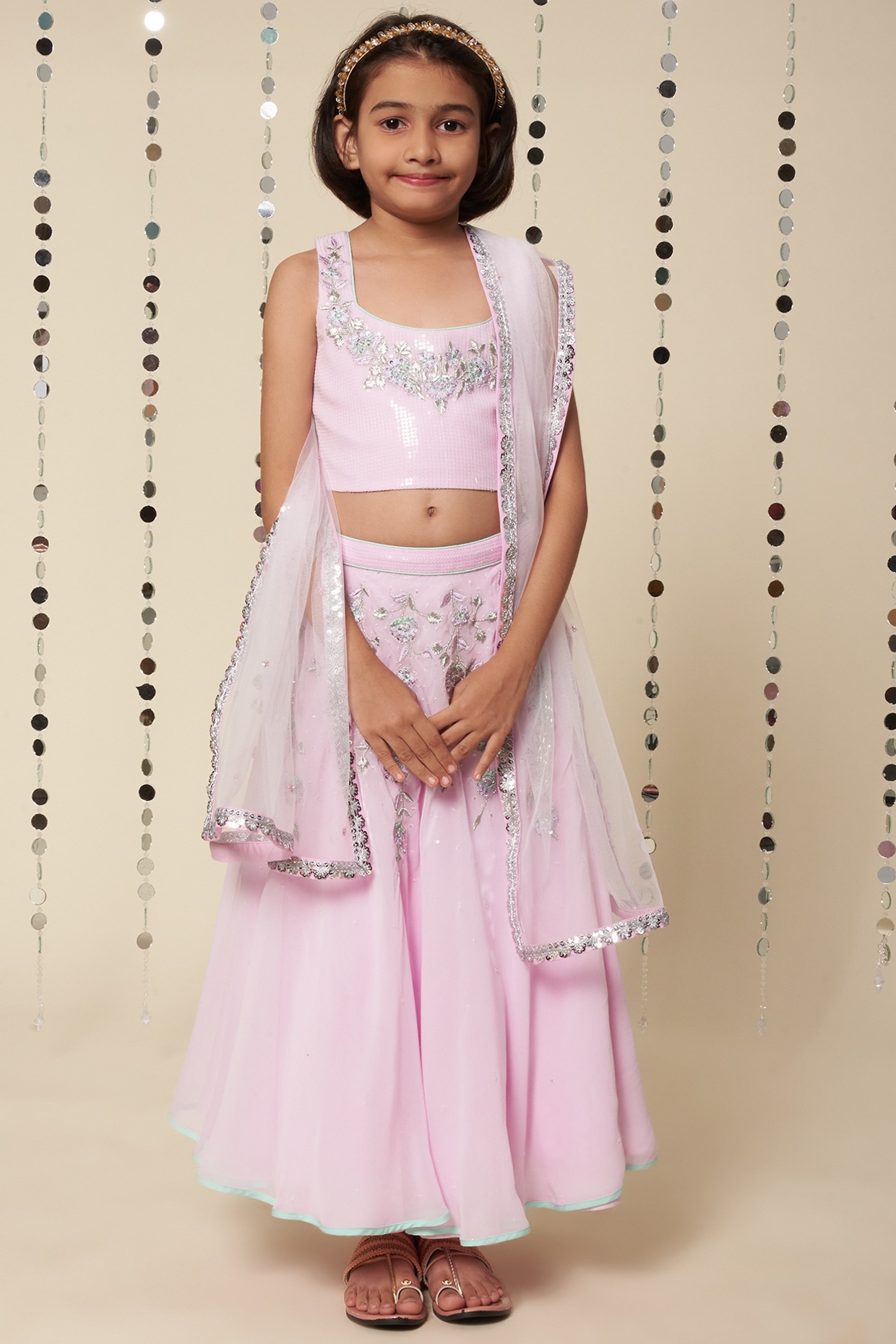 Girls Lilac Embroidered Pure Moonga Silk Lehenga Top And Dupatta