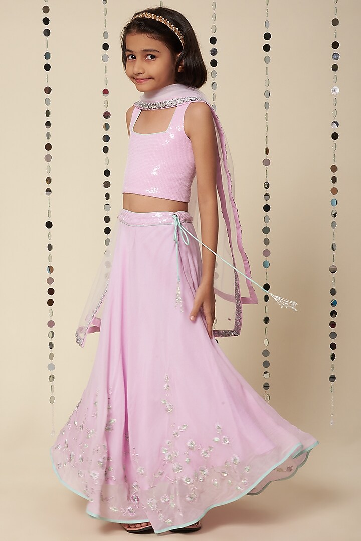 Lilac Georgette Lehenga Set With Embroidery For Girls by Adah Kidswear