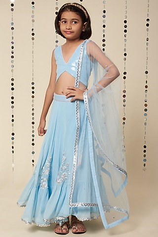 Powder Blue Embroidered Lehenga Set For Girls by Adah Kidswear