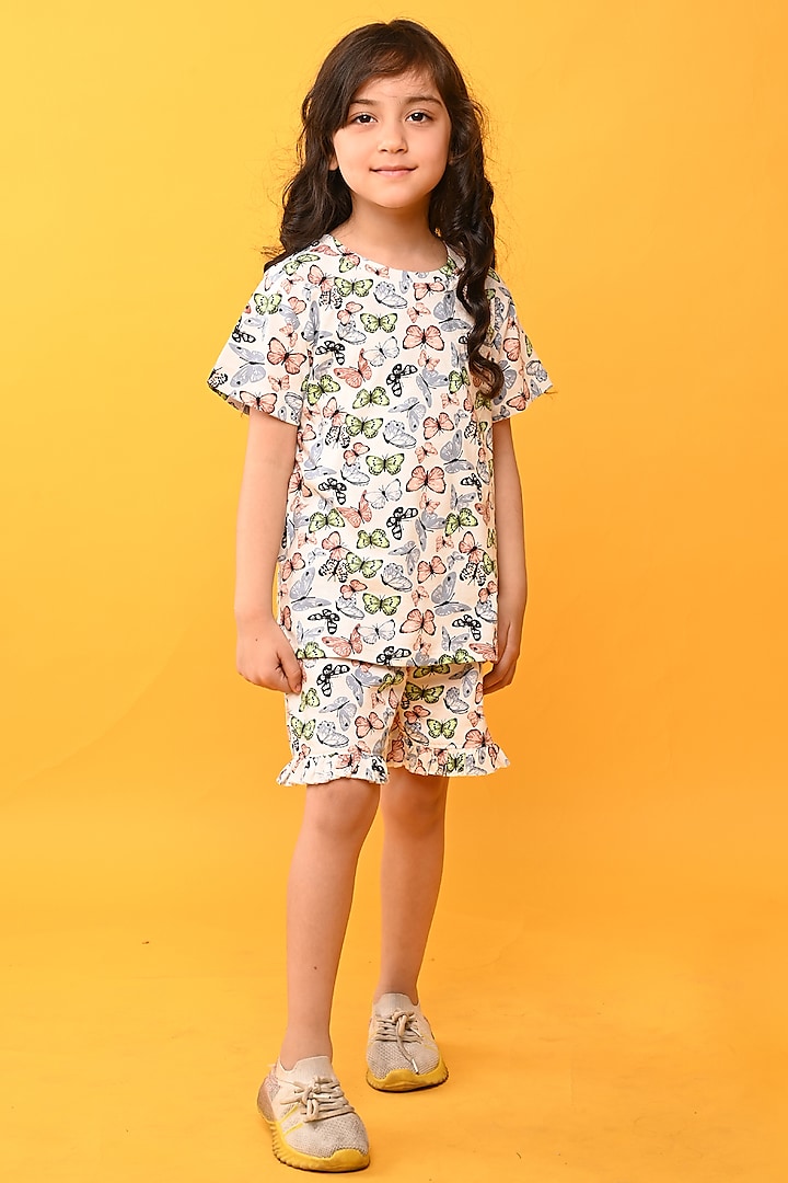 White Cotton Printed Night Suit Set For Girls by Anthrilo