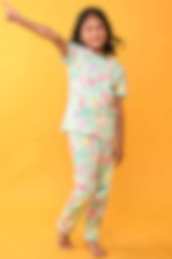 Aqua Cotton Printed Night Suit Set For Girls by Anthrilo