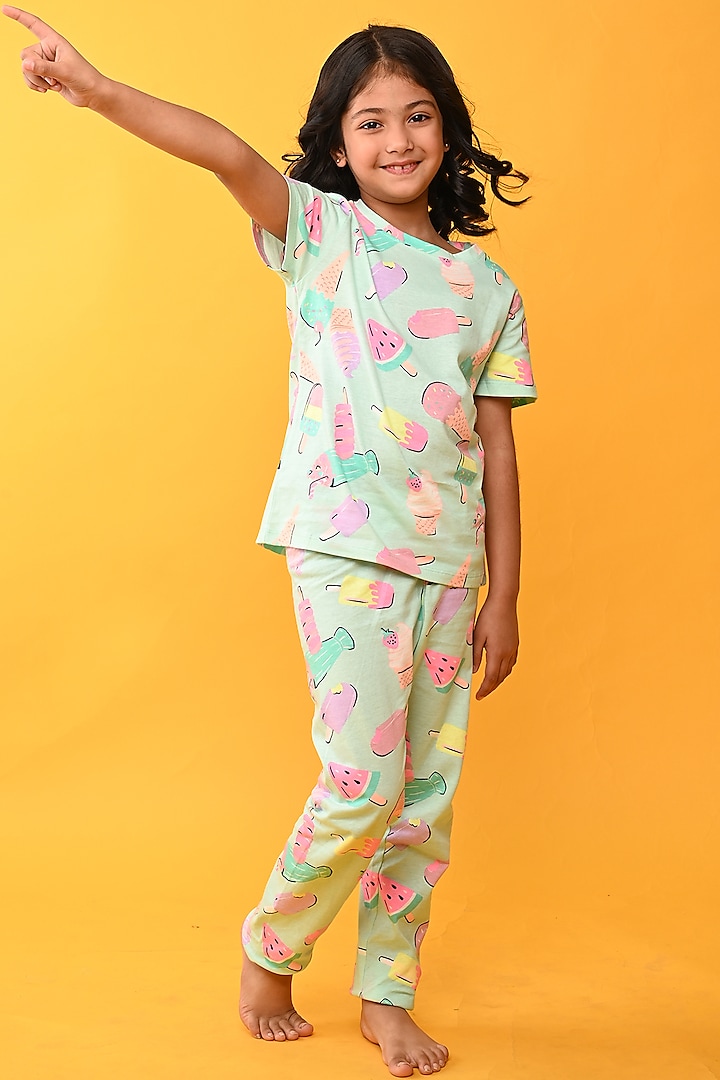 Aqua Cotton Printed Night Suit Set For Girls by Anthrilo