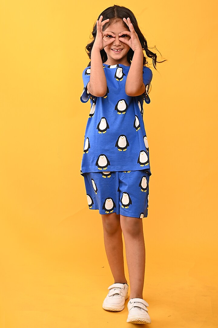 Blue Cotton Printed Night Suit Set For Girls by Anthrilo at Pernia's Pop Up Shop