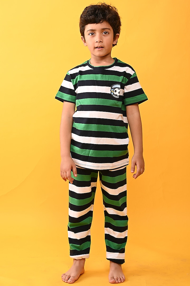 Navy & Green Cotton Jersey Printed Night Suit Set For Boys by Anthrilo