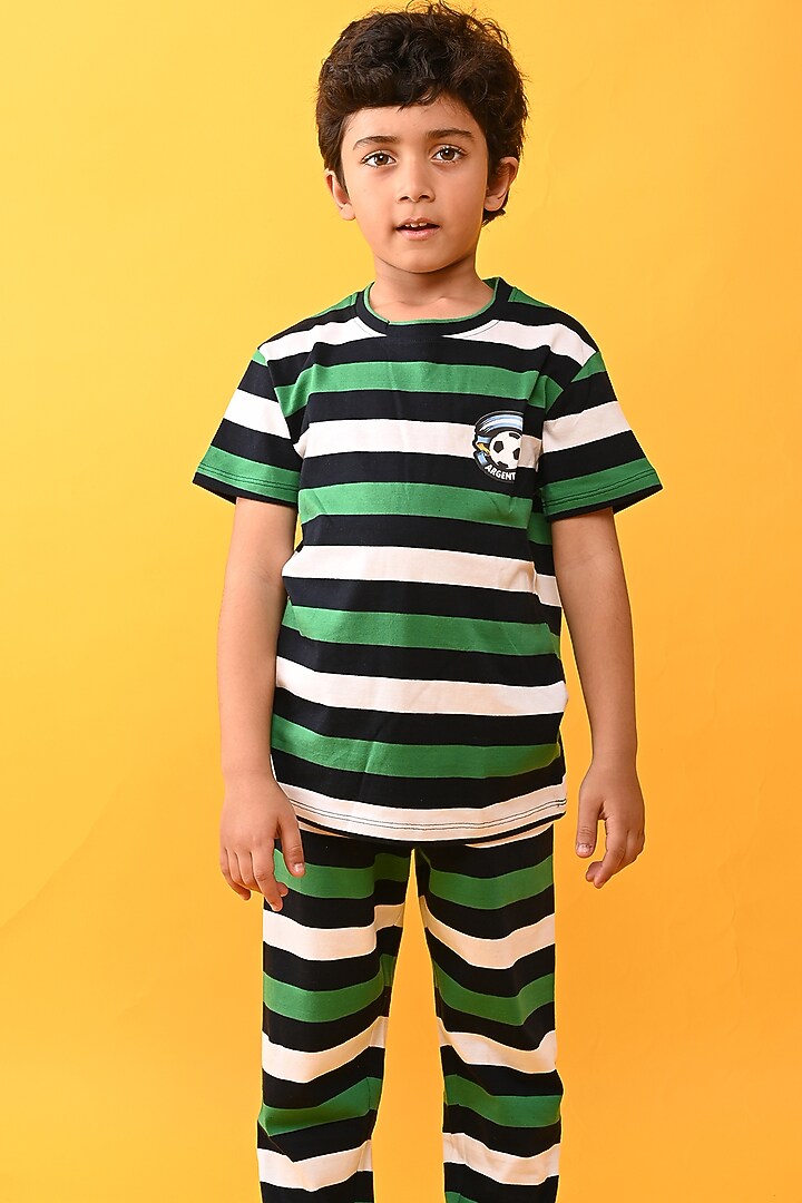 Navy & Green Cotton Jersey Printed Night Suit Set For Boys by Anthrilo at Pernia's Pop Up Shop