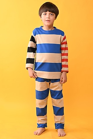 Blue Cotton Jersey Printed Night Suit Set For Boys by Anthrilo