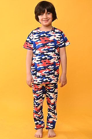 Blue Cotton Jersey Printed Night Suit Set For Boys by Anthrilo