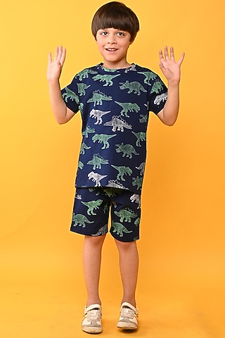 Navy Blue Cotton Jersey Printed Night Suit Set For Boys by Anthrilo