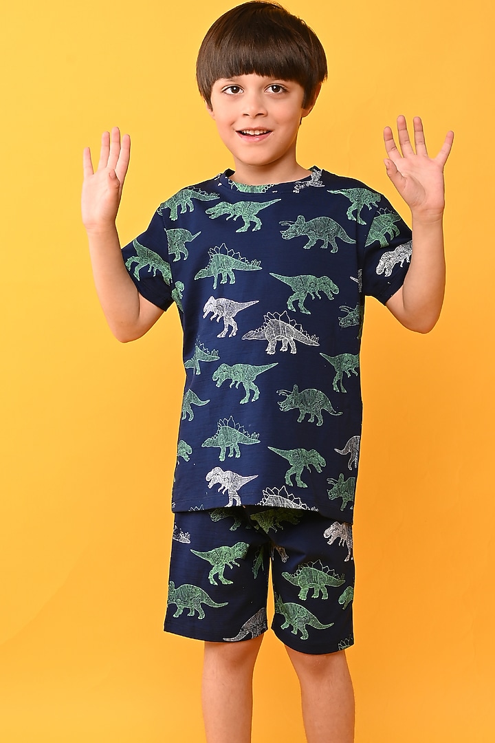 Navy Blue Cotton Jersey Printed Night Suit Set For Boys by Anthrilo at Pernia's Pop Up Shop