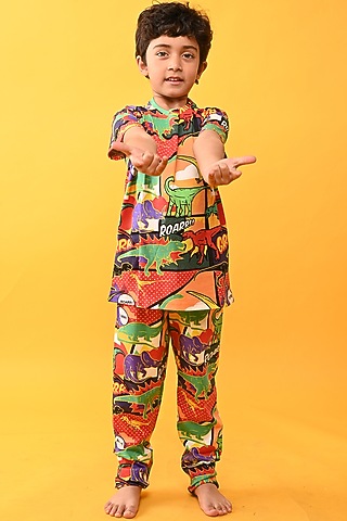 Red Cotton Jersey Printed Night Suit Set For Boys by Anthrilo