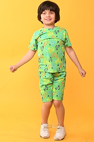 Green Cotton Jersey Printed Night Suit Set For Boys by Anthrilo