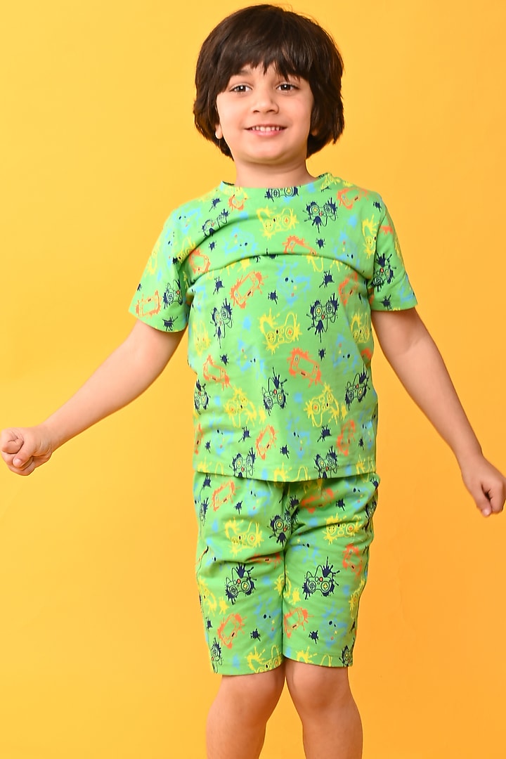 Green Cotton Jersey Printed Night Suit Set For Boys by Anthrilo at Pernia's Pop Up Shop