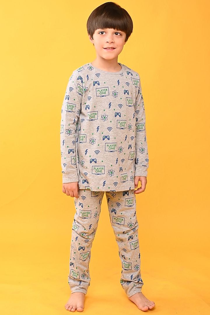 Grey Cotton Jersey Printed Night Suit Set For Boys by Anthrilo