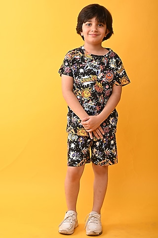 Black Cotton Jersey Printed Night Suit Set For Boys by Anthrilo