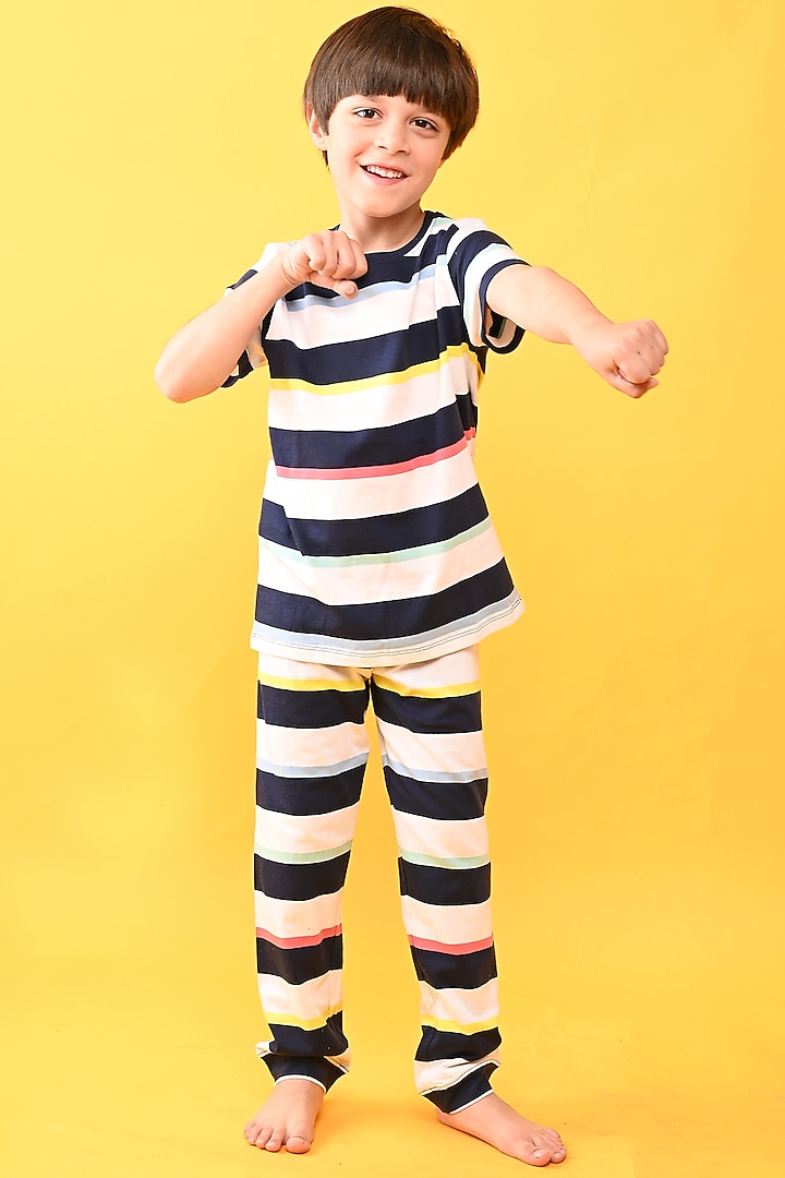 Navy Cotton Jersey Printed Night Suit Set For Boys by Anthrilo