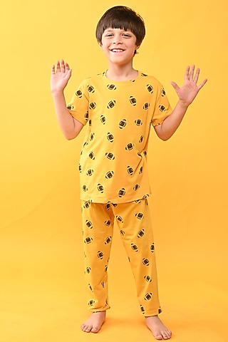 Yellow Cotton Jersey Printed Night Suit Set For Boys by Anthrilo