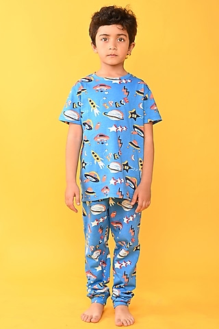 Blue Cotton Jersey Printed Night Suit Set For Boys by Anthrilo