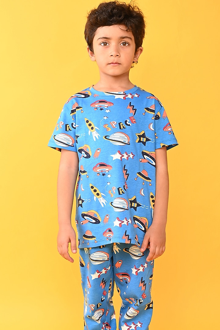 Blue Cotton Jersey Printed Night Suit Set For Boys by Anthrilo at Pernia's Pop Up Shop