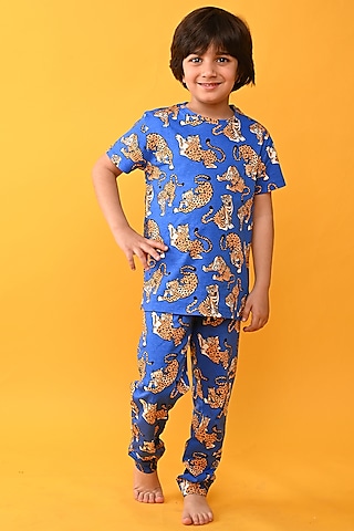 Blue Cotton Jersey Printed Night Suit Set For Boys by Anthrilo